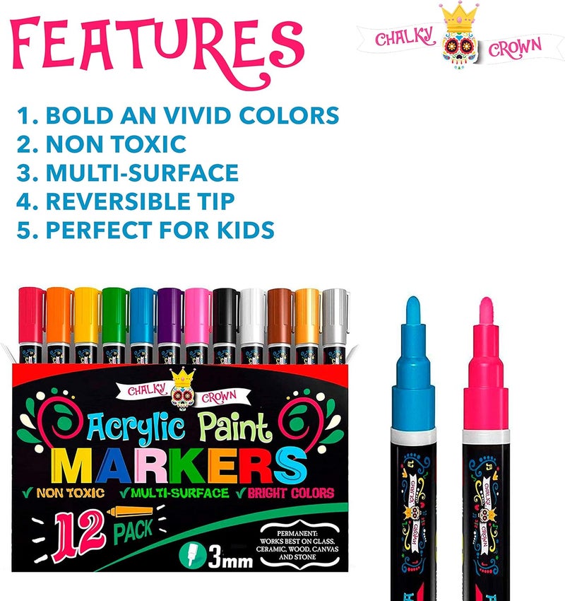 CHALKY CROWN - 3mm Acrylic Paint Markers, Acrylic Paint Pens for Rock Painting, Stone, Ceramic, Glass, Wood - 12 Pack - Image 2